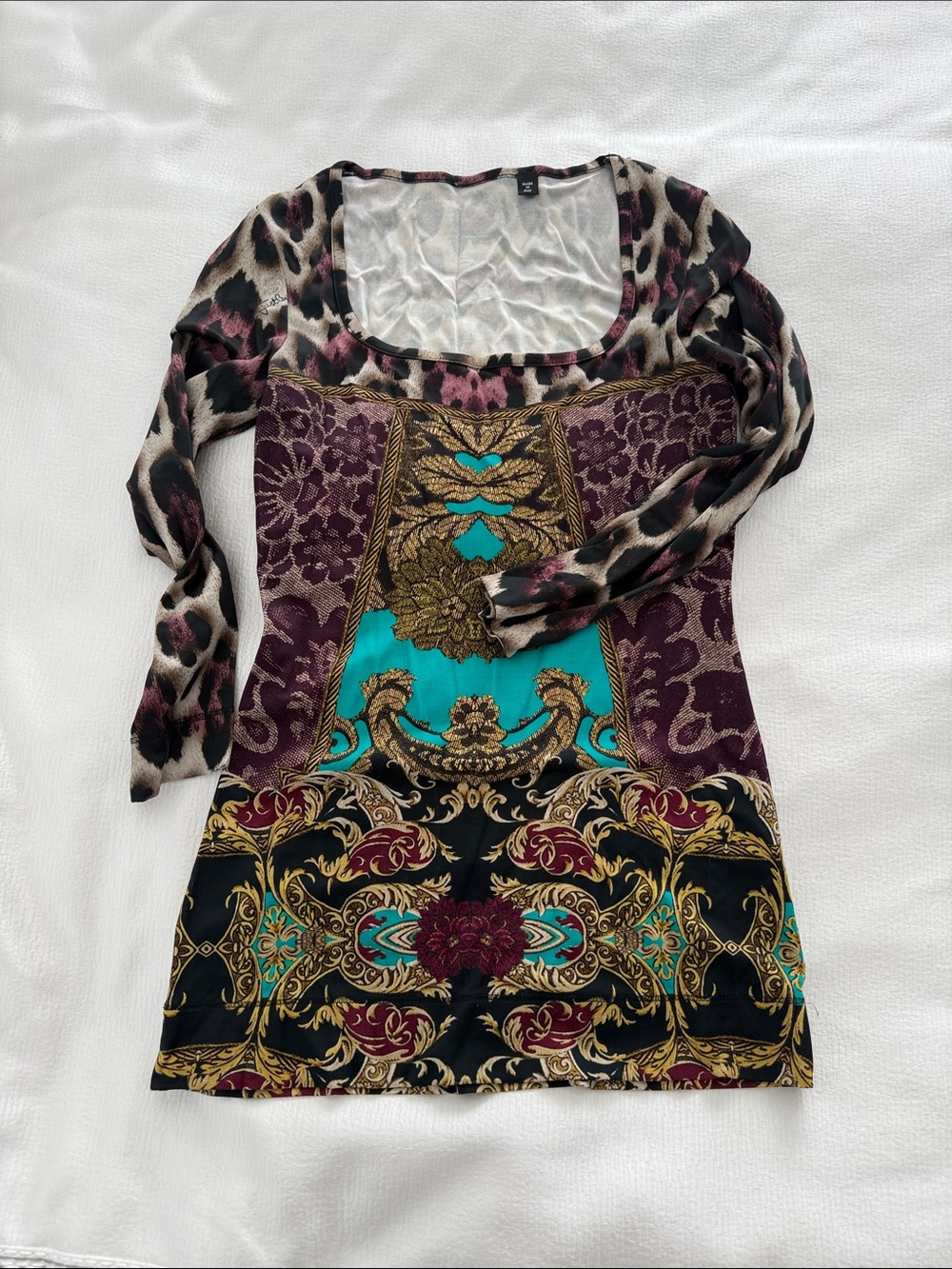 Just Cavalli Boho Baroque Mixed-Print top with Turquoise Panel